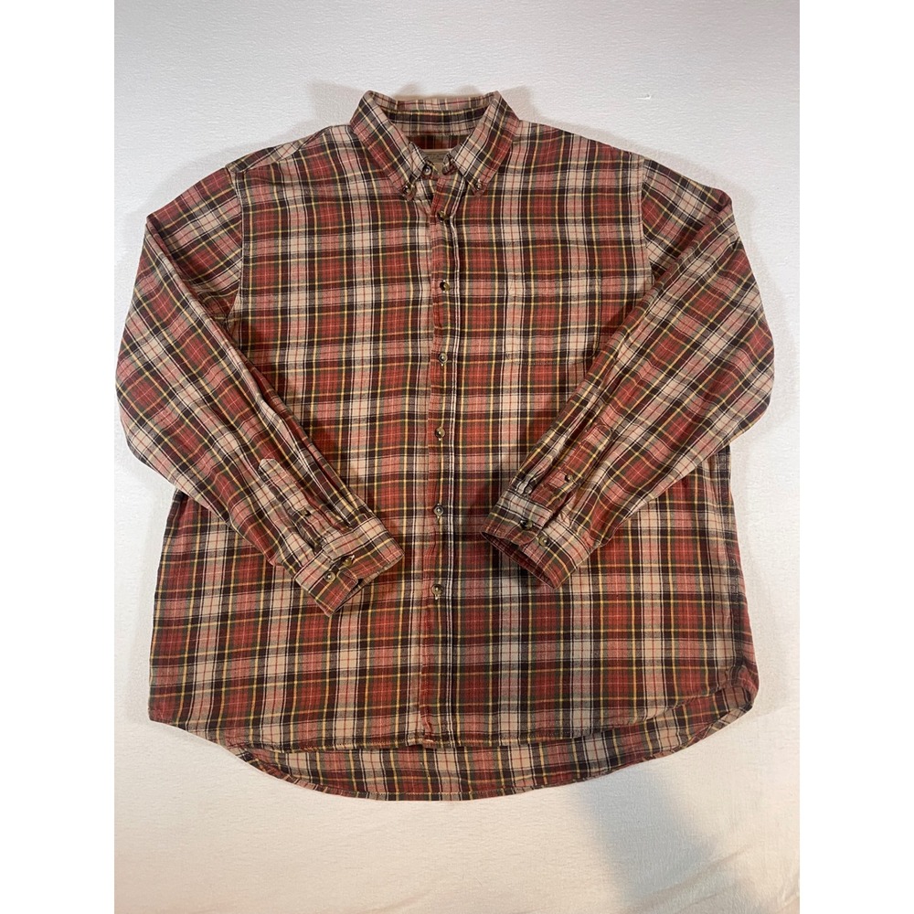 NorthCrest Mens XL Plaid Flannel Button Down Shirt Rust Brown Long Sleeve Cotton